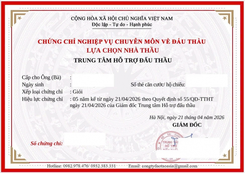 CHỨNG CHỈ CHUYÊN MÔN ĐẤU THẦU THEO QUY ĐỊNH CỦA BTC 